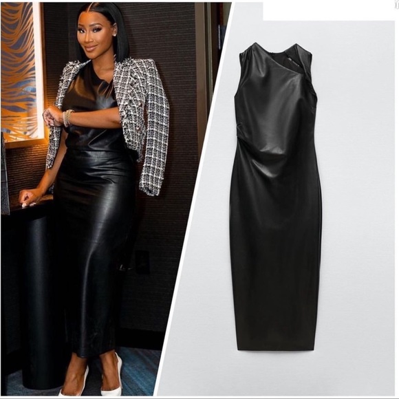 Zara Black Faux Leather Midi Dress - Picture 5 of 17